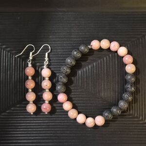 Handmade Rhondochrosite and Black Stone Beaded Bracelet and Earring Set